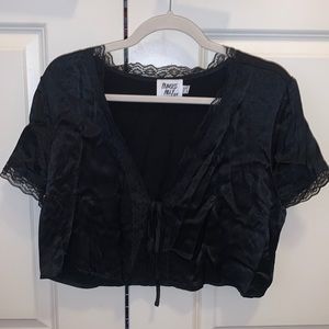 Womens black satin lace front tie top